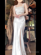 Sexy Mermaid Square Neckline White Slit Long Prom Dress Birthday Outfits