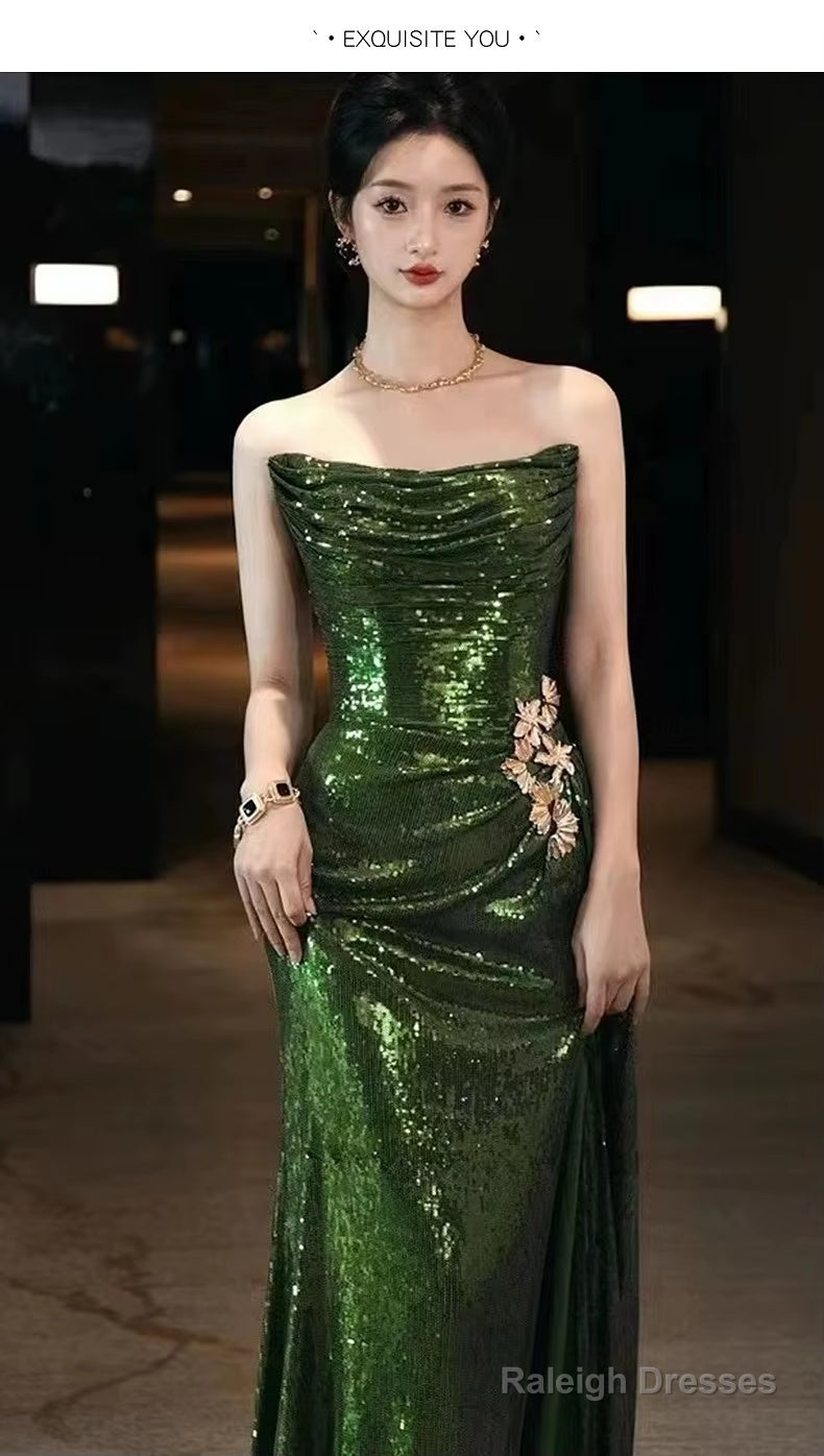 Mermaid Strapless Dark Green Sequin Prom Dress Long Prom Gown