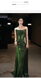 Mermaid Strapless Dark Green Sequin Prom Dress Long Prom Gown