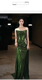 Mermaid Strapless Dark Green Sequin Prom Dress Long Prom Gown