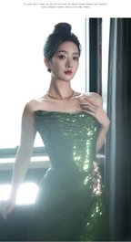 Sexy Mermaid Strapless Dark Green Sequin Long Prom Dresses Evening Gowns