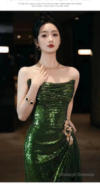 Mermaid Strapless Dark Green Sequin Prom Dress Long Prom Gown