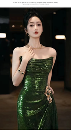 Mermaid Strapless Dark Green Sequin Prom Dress Long Prom Gown