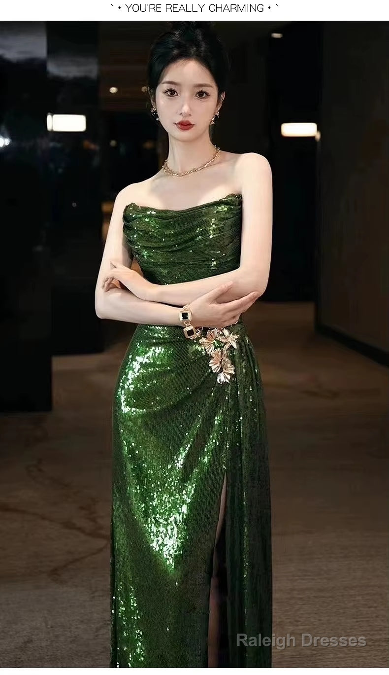 Mermaid Strapless Dark Green Sequin Prom Dress Long Prom Gown