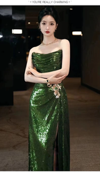 Sexy Mermaid Strapless Dark Green Sequin Long Prom Dresses Evening Gowns