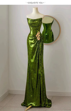Mermaid Strapless Dark Green Sequin Prom Dress Long Prom Gown