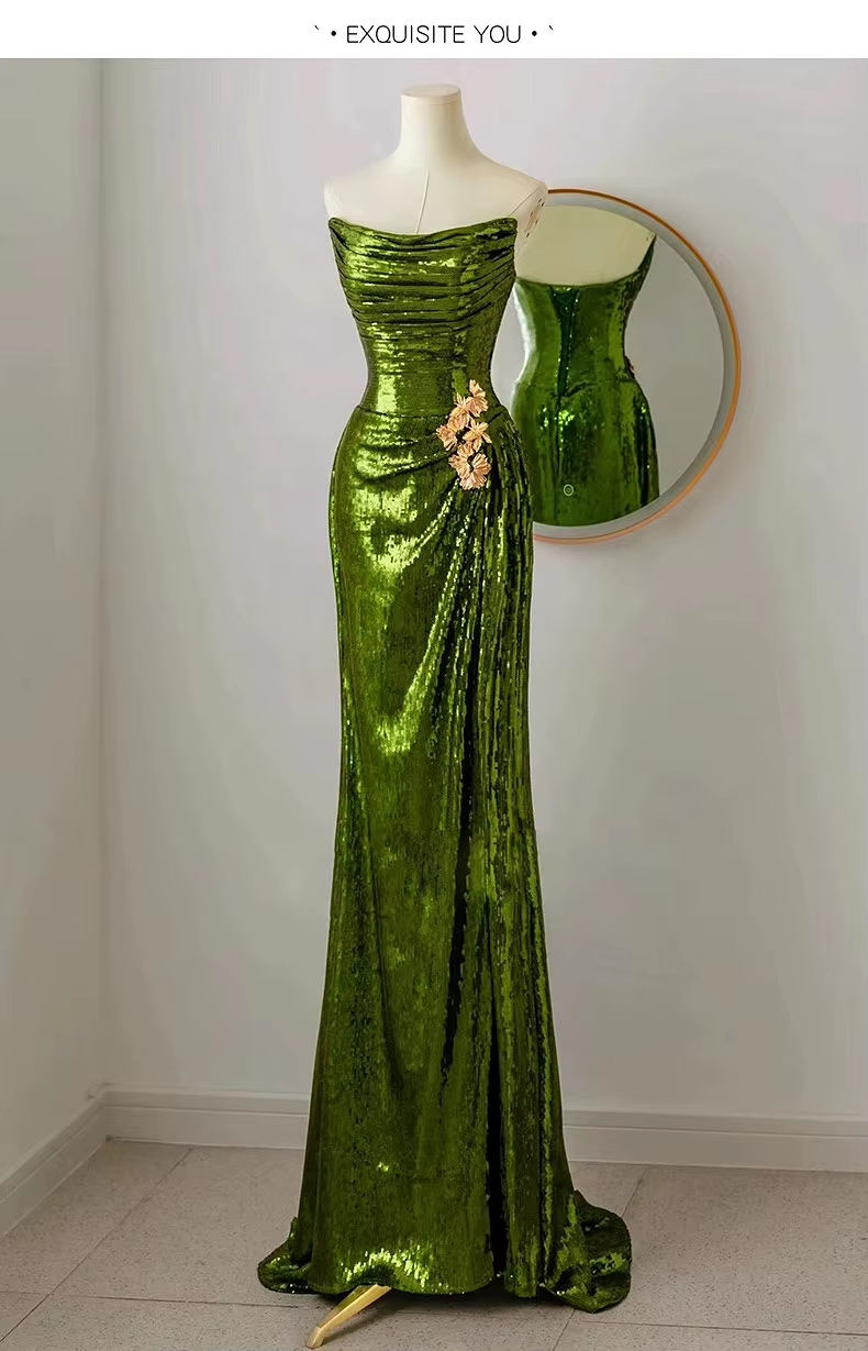 Mermaid Strapless Dark Green Sequin Prom Dress Long Prom Gown