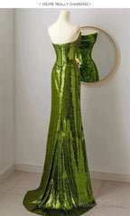 Mermaid Strapless Dark Green Sequin Prom Dress Long Prom Gown