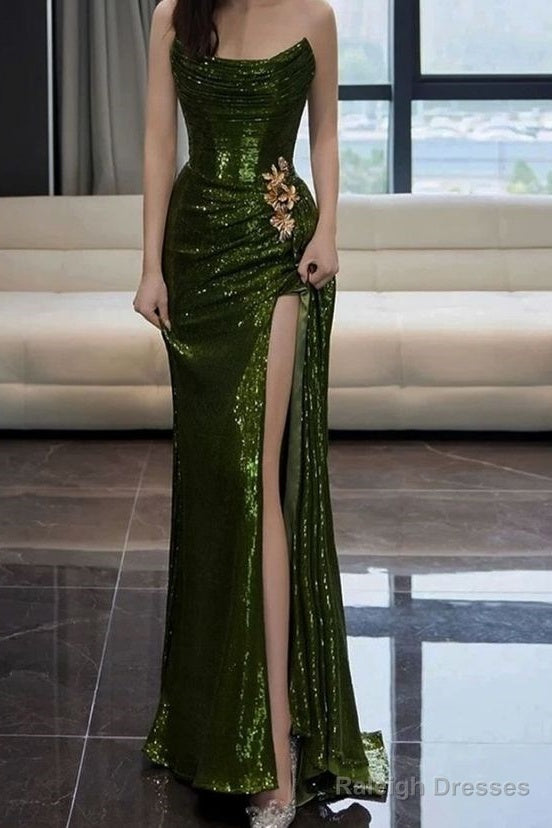 Mermaid Strapless Dark Green Sequin Prom Dress Long Prom Gown