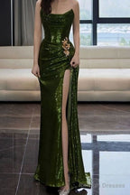 Mermaid Strapless Dark Green Sequin Prom Dress Long Prom Gown