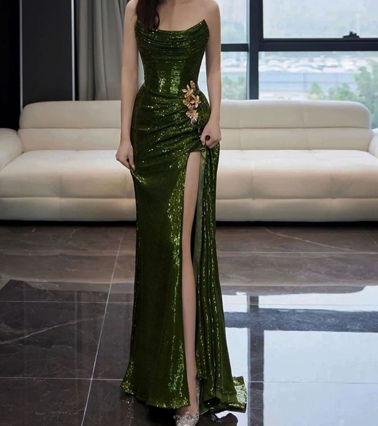 Sexy Mermaid Strapless Dark Green Sequin Long Prom Dresses Evening Gowns Main image