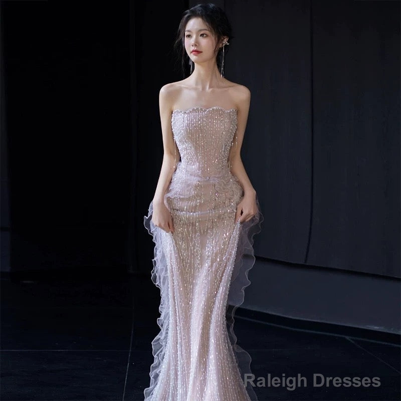 Mermaid Strapless Neckline Sequin Long Floor Length Pearls Prom Dress