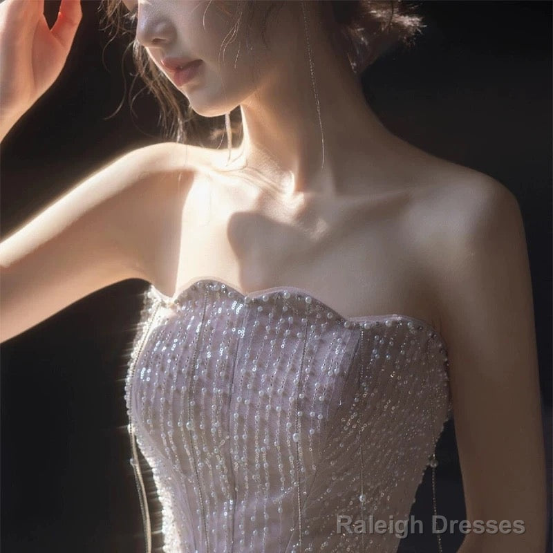 Mermaid Strapless Neckline Sequin Long Floor Length Pearls Prom Dress