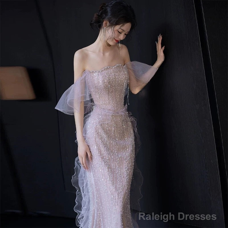 Sexy Mermaid Strapless Neckline Sequin Long Floor Length Pearls Prom Dresses