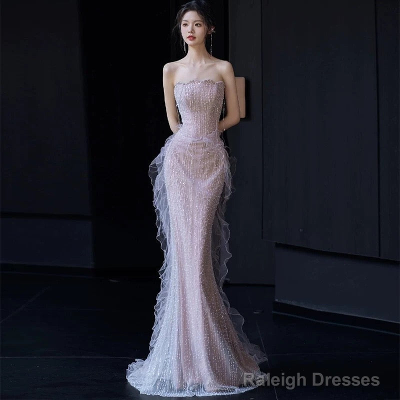 Sexy Mermaid Strapless Neckline Sequin Long Floor Length Pearls Prom Dresses