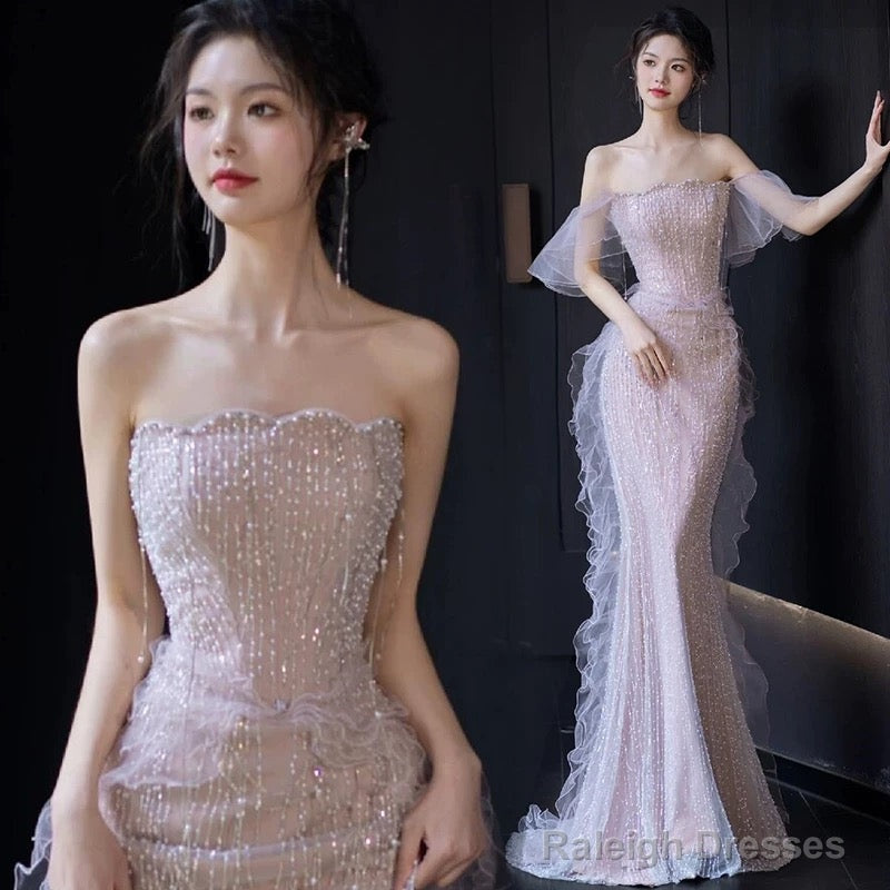 Mermaid Strapless Neckline Sequin Long Floor Length Pearls Prom Dress Main image