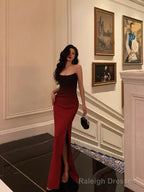 Sexy Mermaid Strapless Ombre Burgundy Satin Slit Long Prom Dresses Birthday Outfits