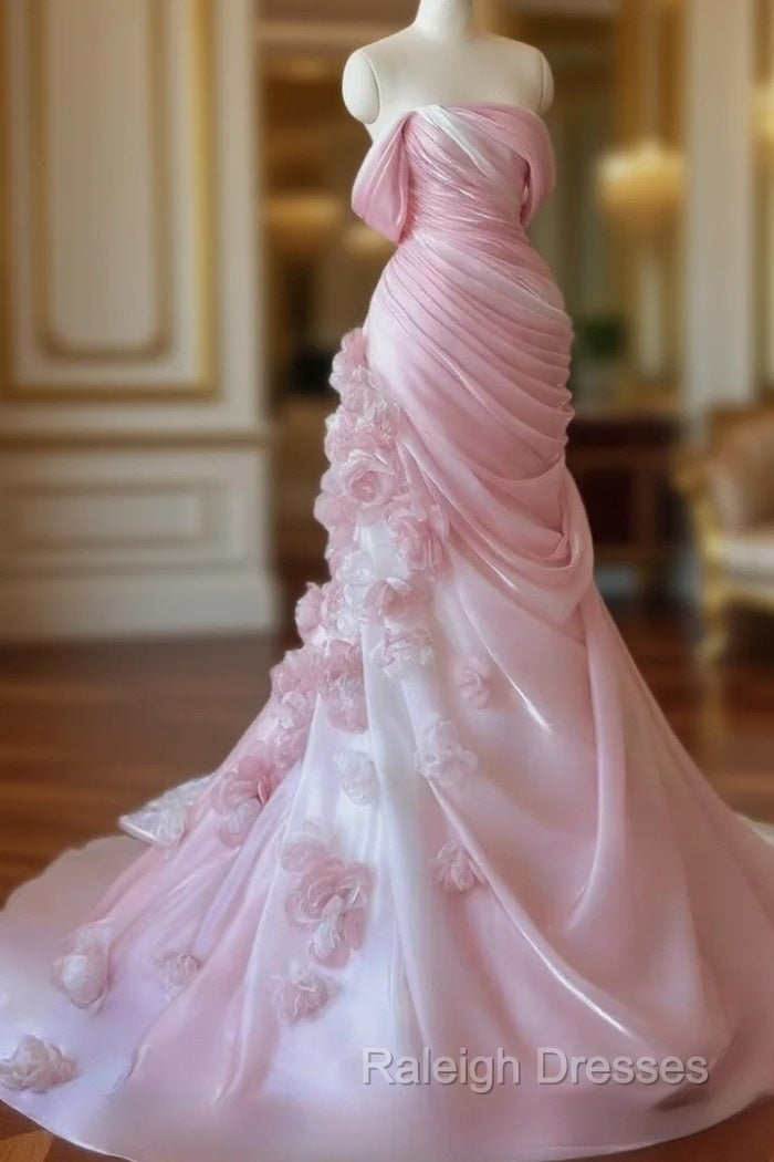 Sexy Mermaid Strapless Pink Long Floral Prom Dresses Party Dress Main image