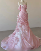 Mermaid Strapless Pink Long Floral Prom Dress Prom Dresses