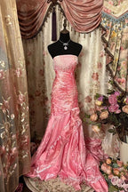 Sexy Mermaid Strapless Pink Satin Long Evening Dress Party Dress Prom Dresses