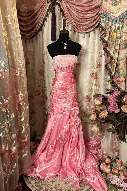 Sexy Mermaid Strapless Pink Satin Long Evening Dress Party Dress Prom Dresses
