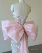 Sexy Mermaid Strapless Pink Sequin Long Floral Prom Dresses Party Dress