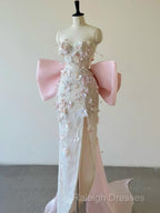 Sexy Mermaid Strapless Pink Sequin Long Floral Prom Dresses Party Dress