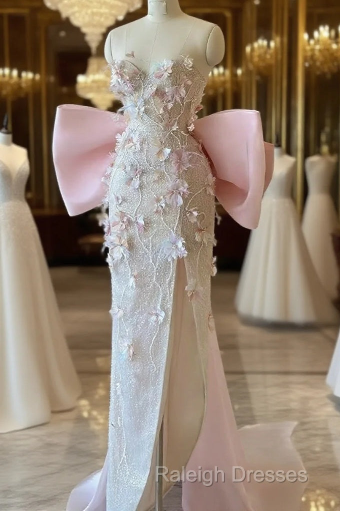 Sexy Mermaid Strapless Pink Sequin Long Floral Prom Dresses Party Dress Main image