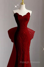 Mermaid Strapless Red Lace Long Prom Dresses