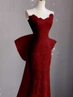 Mermaid Strapless Red Lace Long Prom Dresses