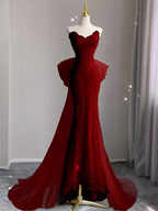 Mermaid Strapless Red Lace Long Prom Dresses