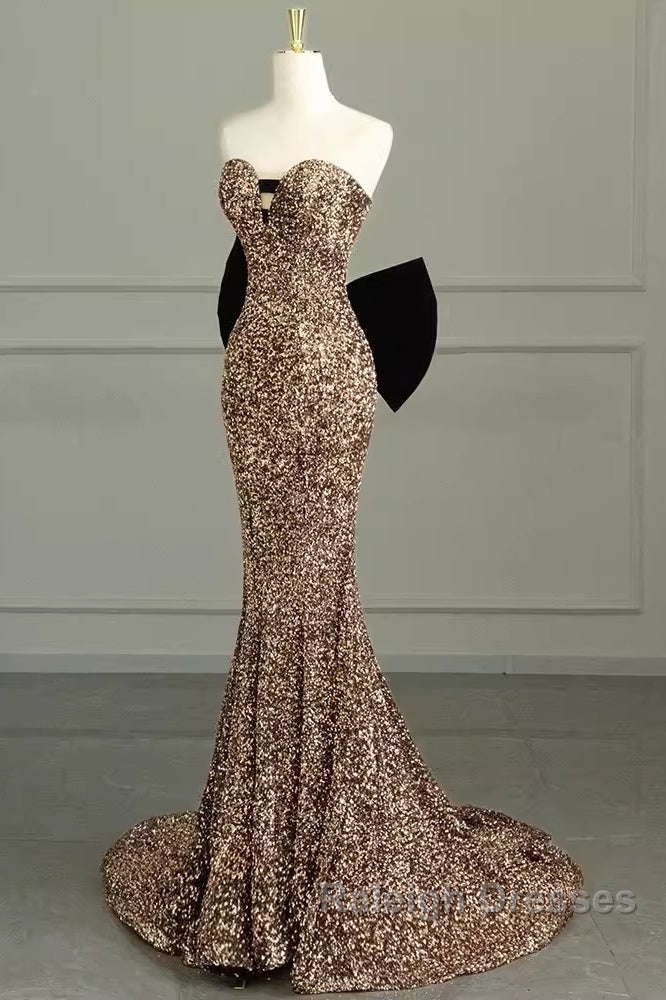 Sexy Mermaid Strapless Sequin Gold Floor Length Prom Dress