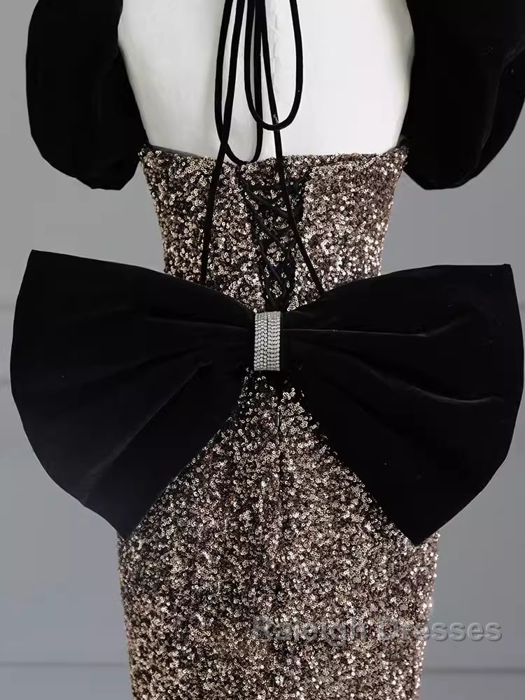 Mermaid Strapless Sequin Gold Floor Length Prom Dresses