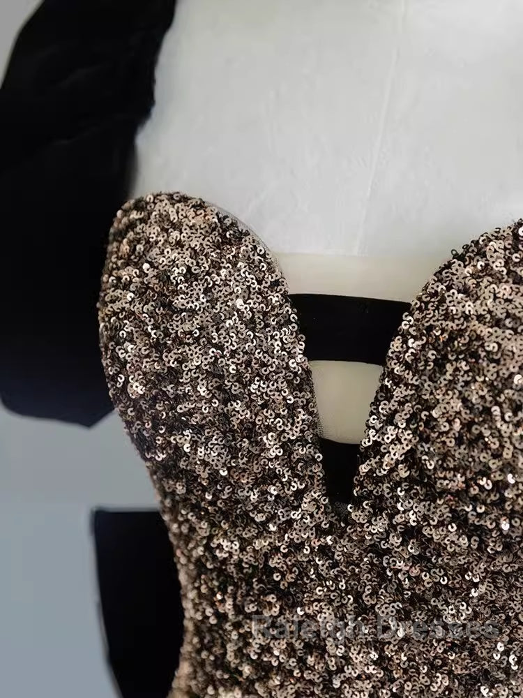 Mermaid Strapless Sequin Gold Floor Length Prom Dresses