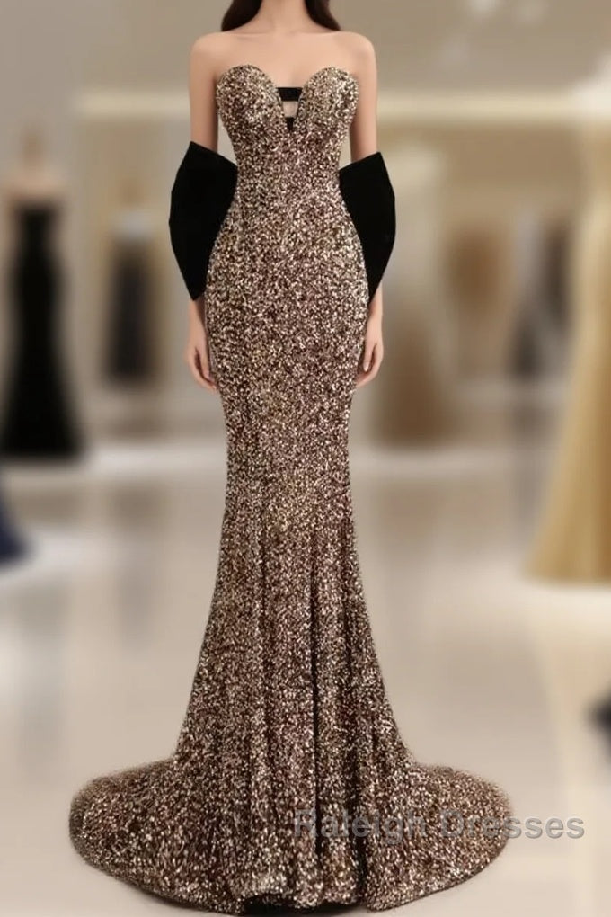 Sexy Mermaid Strapless Sequin Gold Floor Length Prom Dress