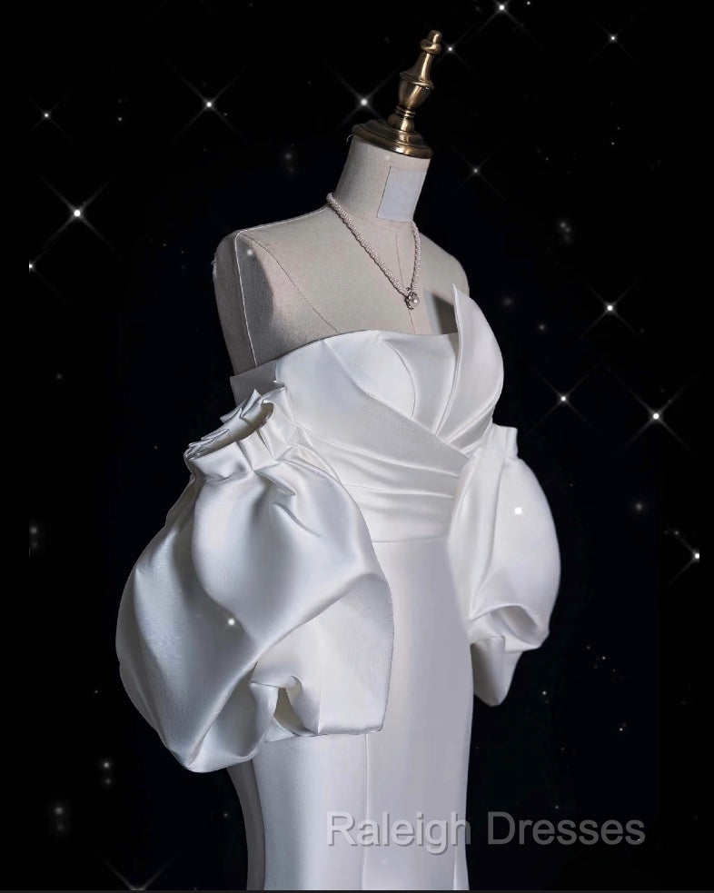 Sexy Mermaid Strapless Short Sleeves White Satin Wedding Dresses Brides Dress