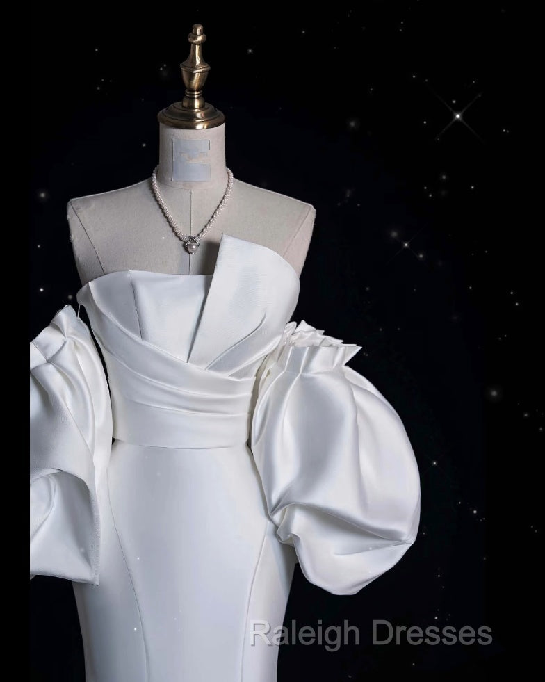 Sexy Mermaid Strapless Short Sleeves White Satin Wedding Dresses Brides Dress