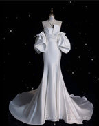 Mermaid Strapless Short Sleeves White Satin Wedding Dress Brides Dresses