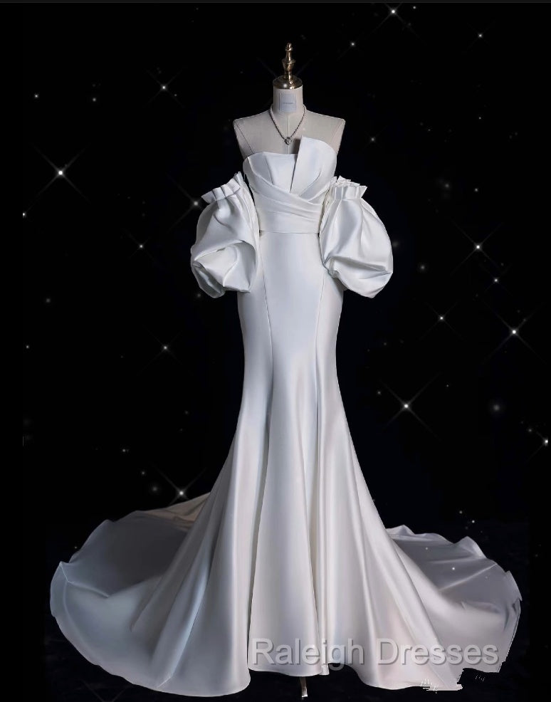 Mermaid Strapless Short Sleeves White Satin Wedding Dress Brides Dresses