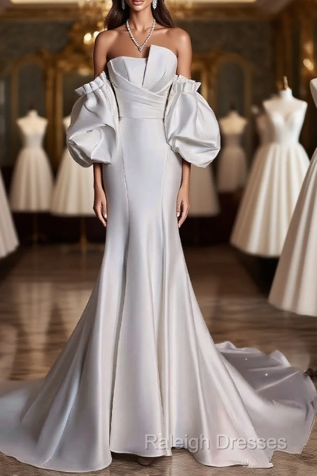 Mermaid Strapless Short Sleeves White Satin Wedding Dress Brides Dresses