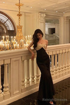 Sexy Mermaid Strapless Sleeveless Black Ankle Length Ruffle Prom Dresses Birthday Outfits