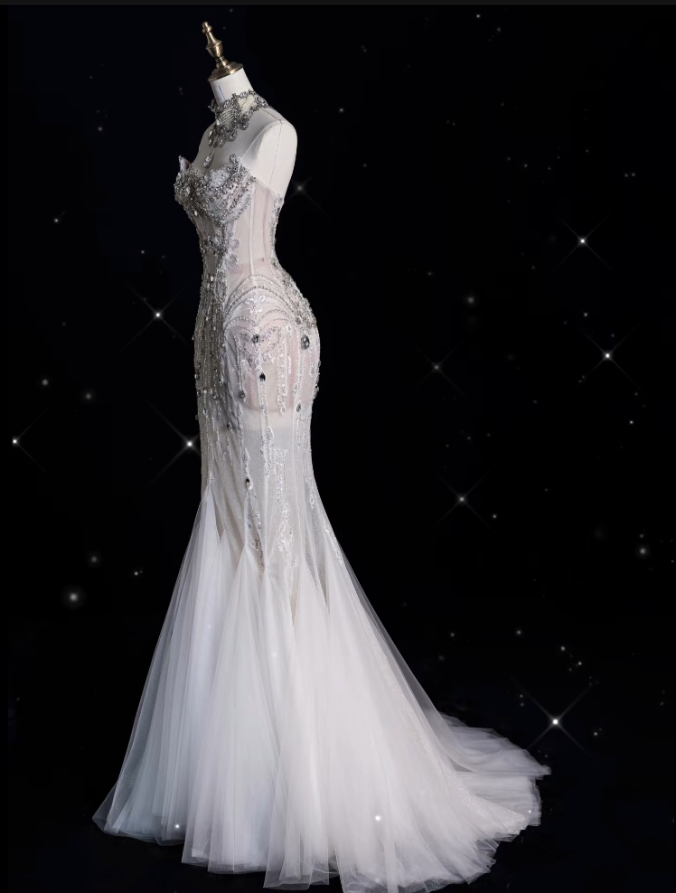 Mermaid Strapless Tulle With Silver Beads Long Wedding Dress Brides Dresses Secondary image