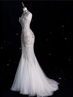 Mermaid Strapless Tulle With Silver Beads Long Wedding Dress Brides Dresses