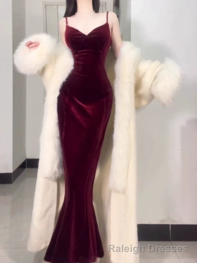 Sexy Mermaid Straps Burgundy Long Prom Dress Birthday Outfits