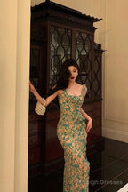 Mermaid Straps Floral Green Chiffon Prom Dress Birthday Outfits Prom Gowns