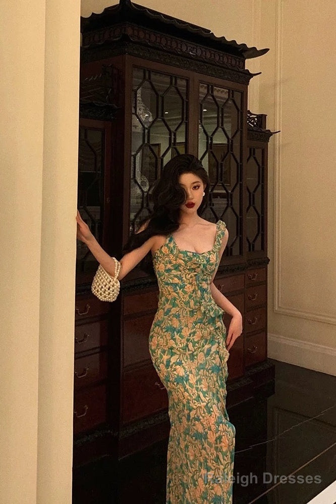 Mermaid Straps Floral Green Chiffon Prom Dress Birthday Outfits Prom Gowns