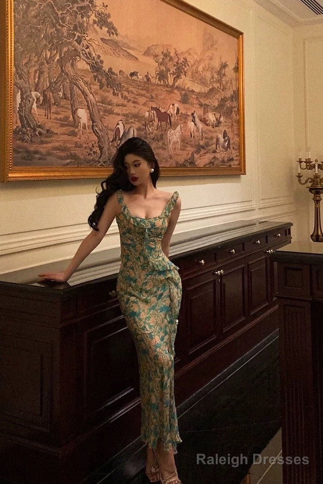 Sexy Mermaid Straps Floral Green Chiffon Prom Dresses Birthday Outfits Evening Gown