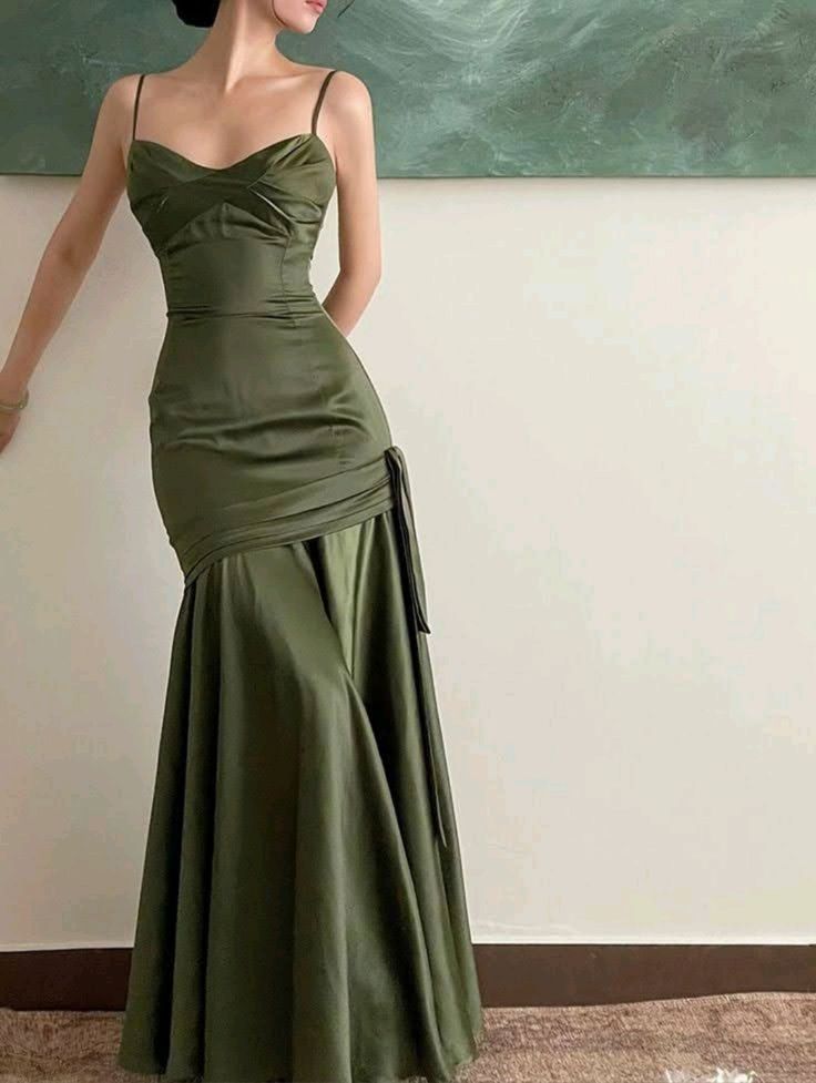 Mermaid Straps Green Prom Dress Satin Long Prom Dress