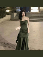 Mermaid Straps Green Prom Dress Satin Long Prom Dress