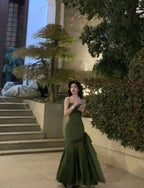 Mermaid Straps Green Prom Dress Satin Long Prom Dress
